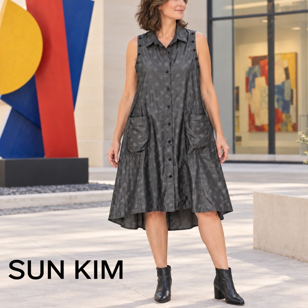 Sun Kim, Grey Polka Dot Sleeveless Button Front A-Line Dress Size Large ME306JP